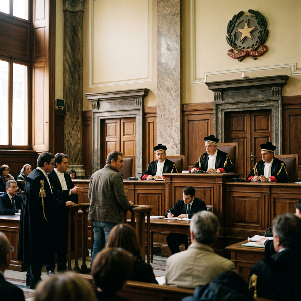Man standing and speaking in an Italian courtroom with three judges and lawyers