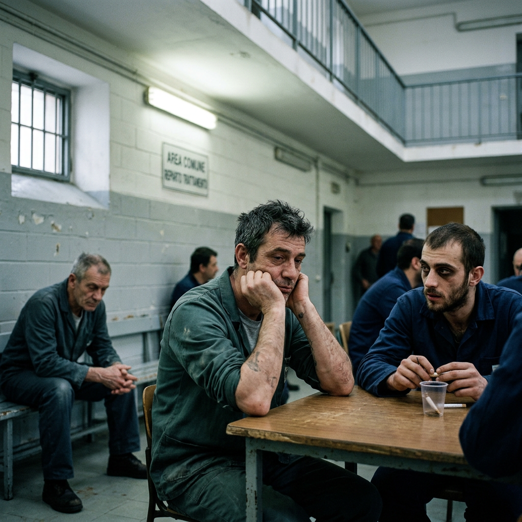 Men in prison uniforms sitting at a table in a prison common area