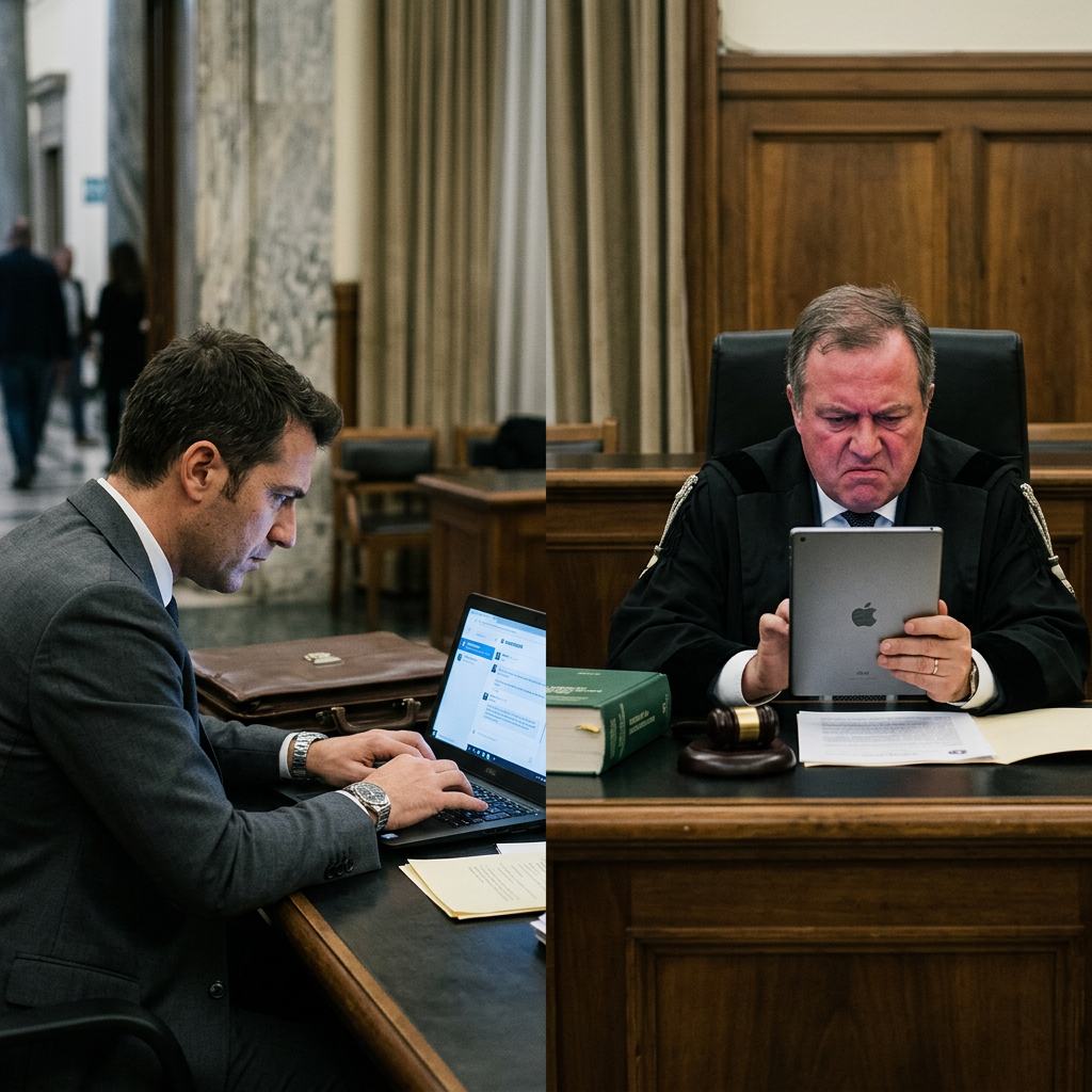 Lawyer typing on laptop and judge reviewing tablet in courtroom