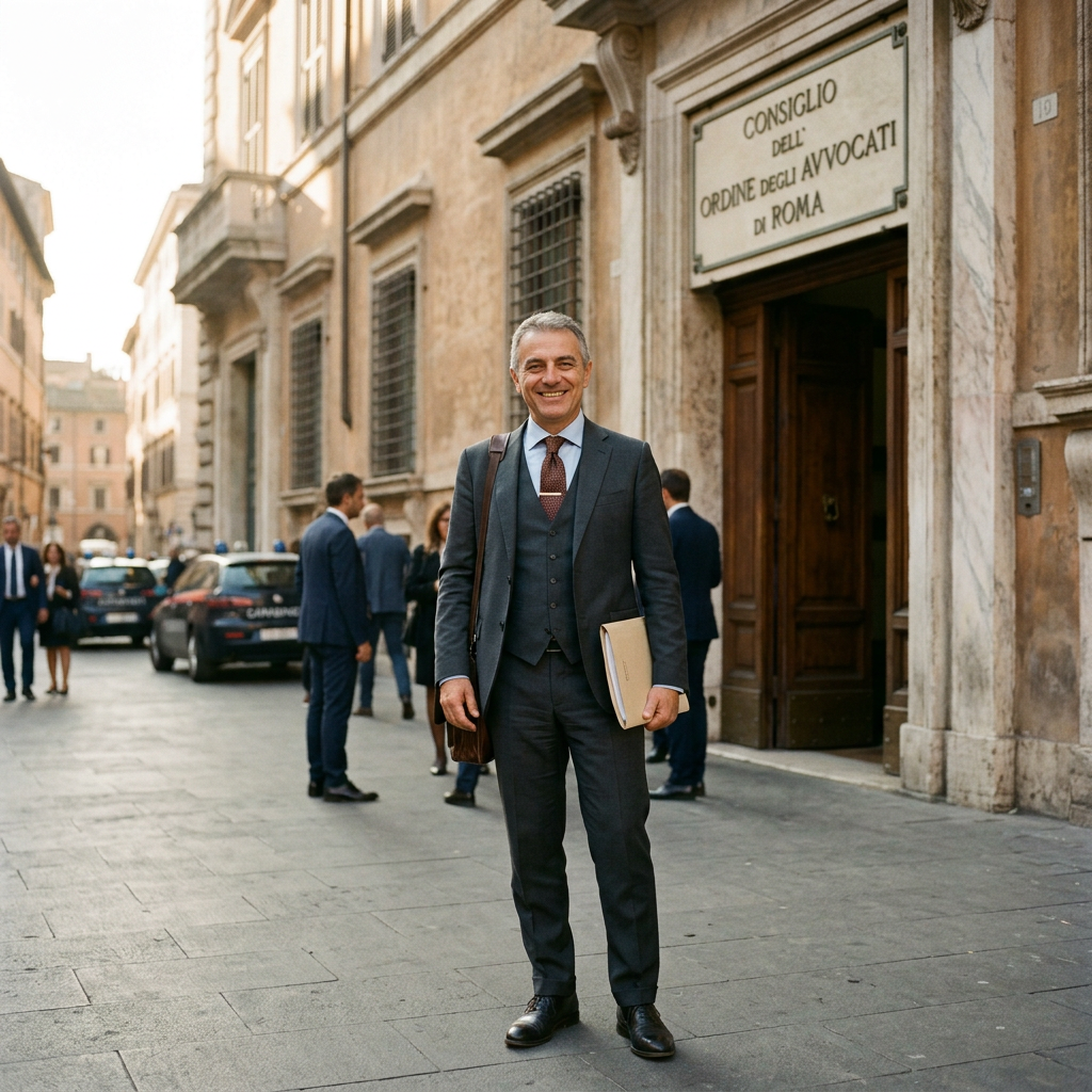 Man in business suit holding folder standing outside Bar Association office in Rome