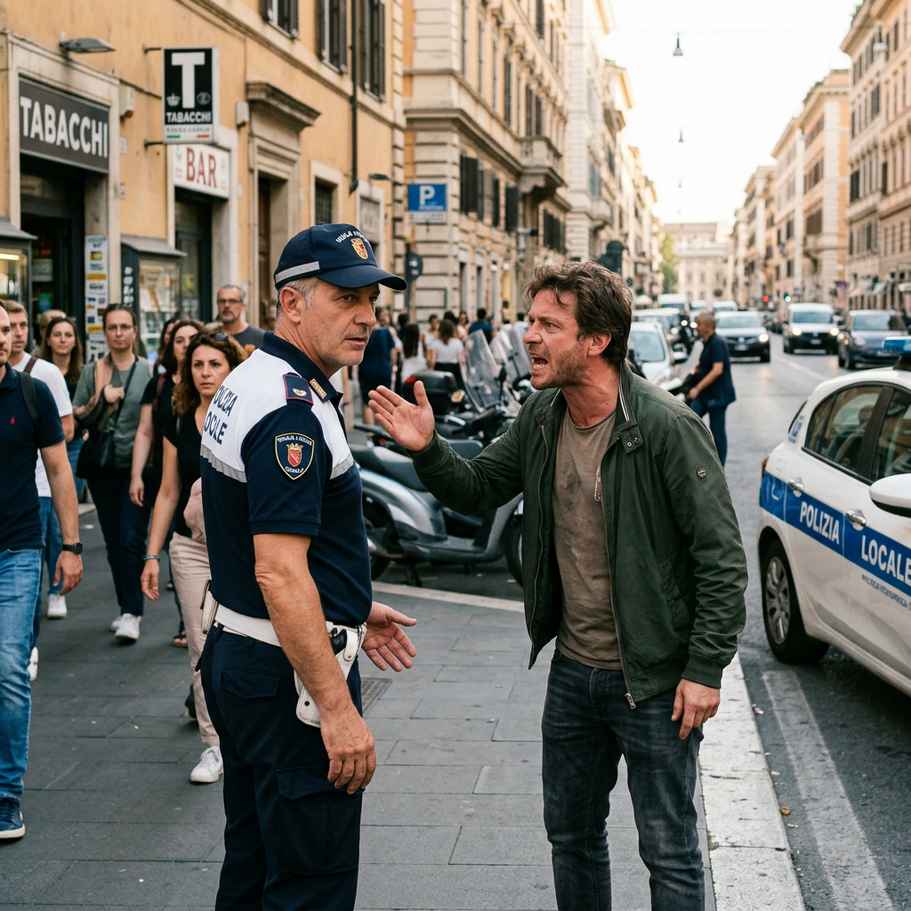 Man arguing with local police officer in Italian city street
