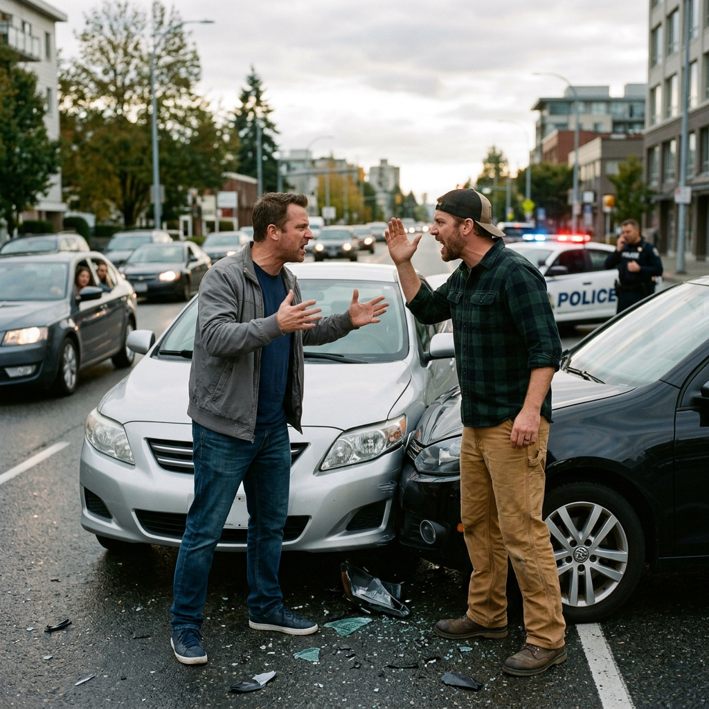 Two men arguing beside their damaged cars after a collision with police nearby