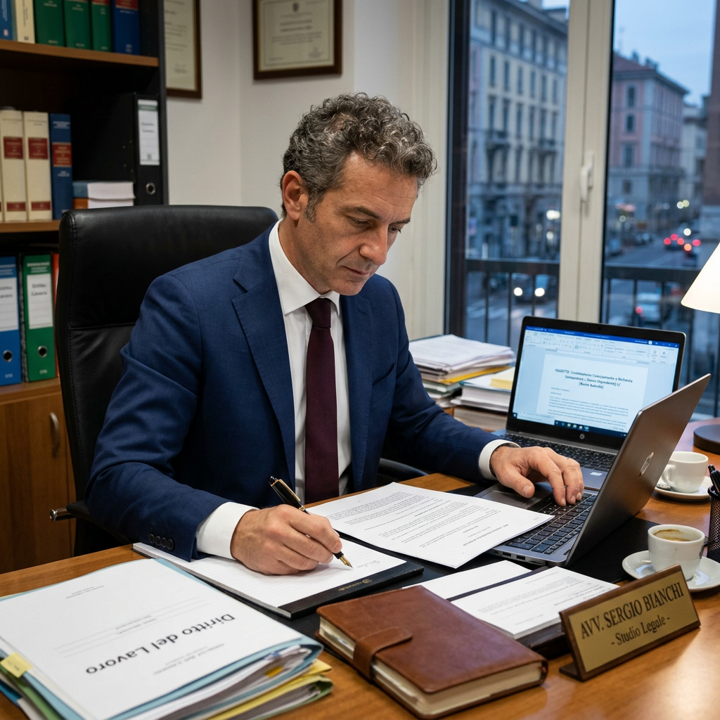 Lawyer in blue suit signing legal documents at desk with laptop and coffee