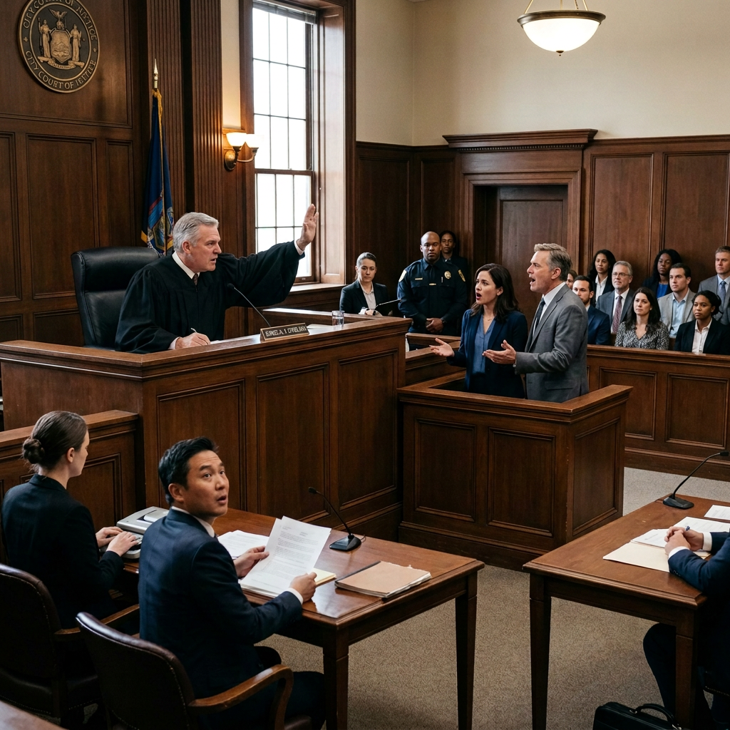 Lawyer raising an objection in a courtroom trial with judge and jury present