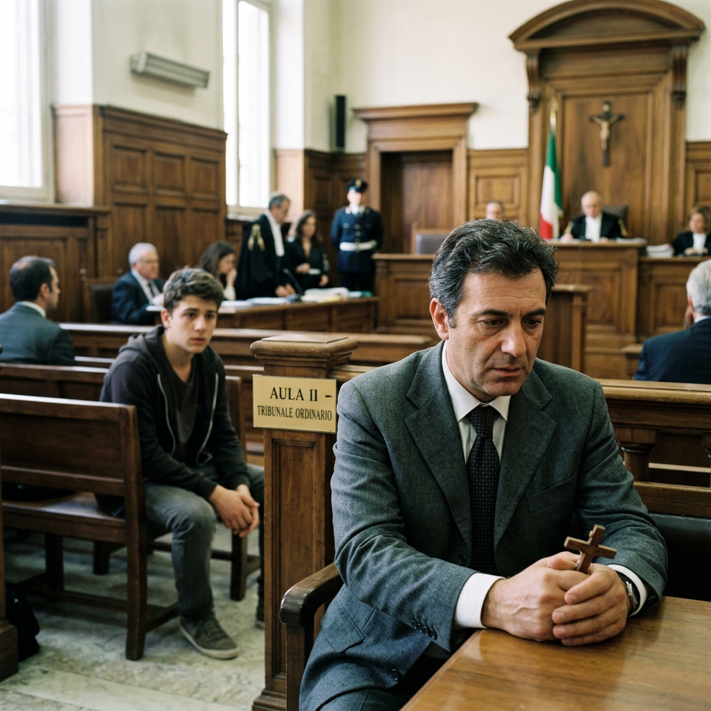Man holding wooden cross sitting in courtroom with people and judges in background