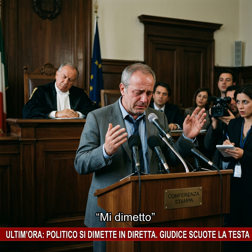 Politician giving an emotional resignation speech at a press conference with judge and reporters in courtroom
