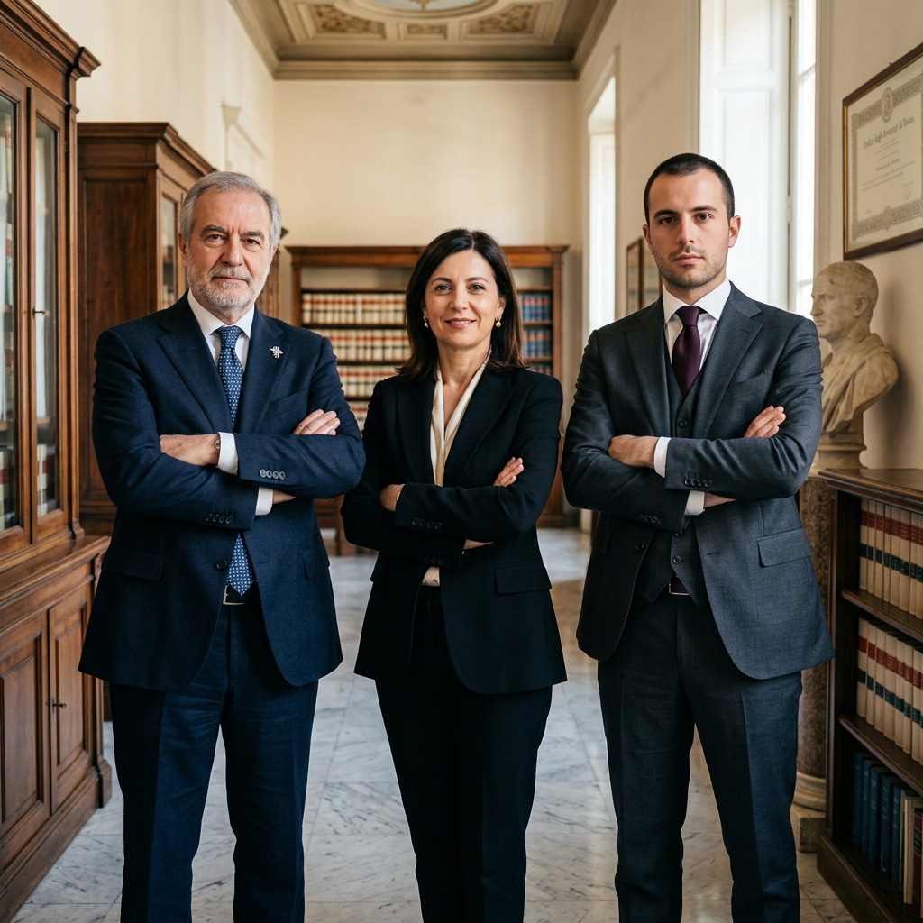 Three professionals in suits standing with arms crossed in a law library