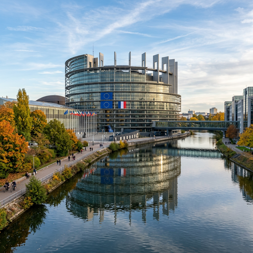 Modern European Parliament building with flags and river reflection