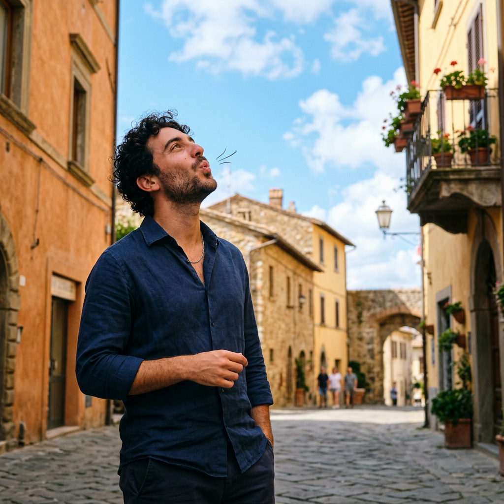 Man looking up at the sky in a cobblestone historic street