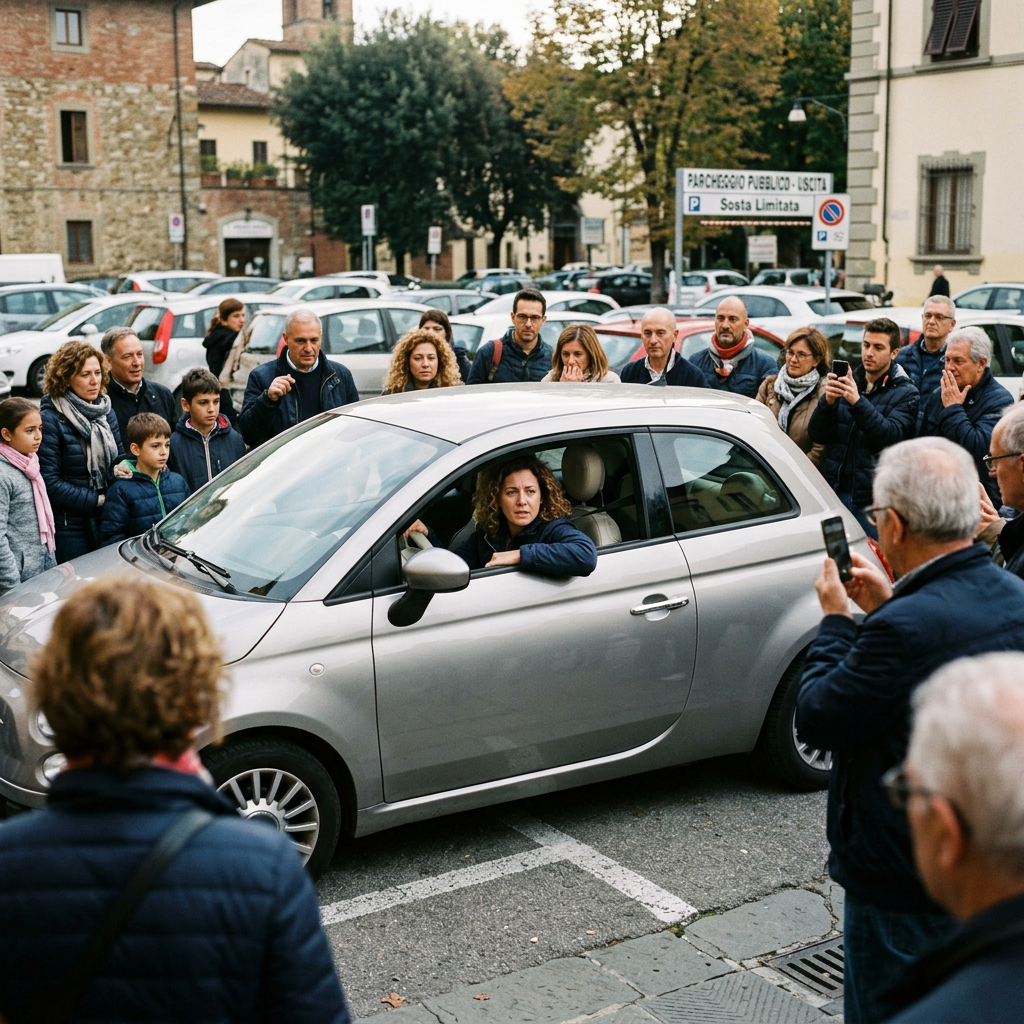 Woman driving a small silver car surrounded by crowd of people in an urban parking lot