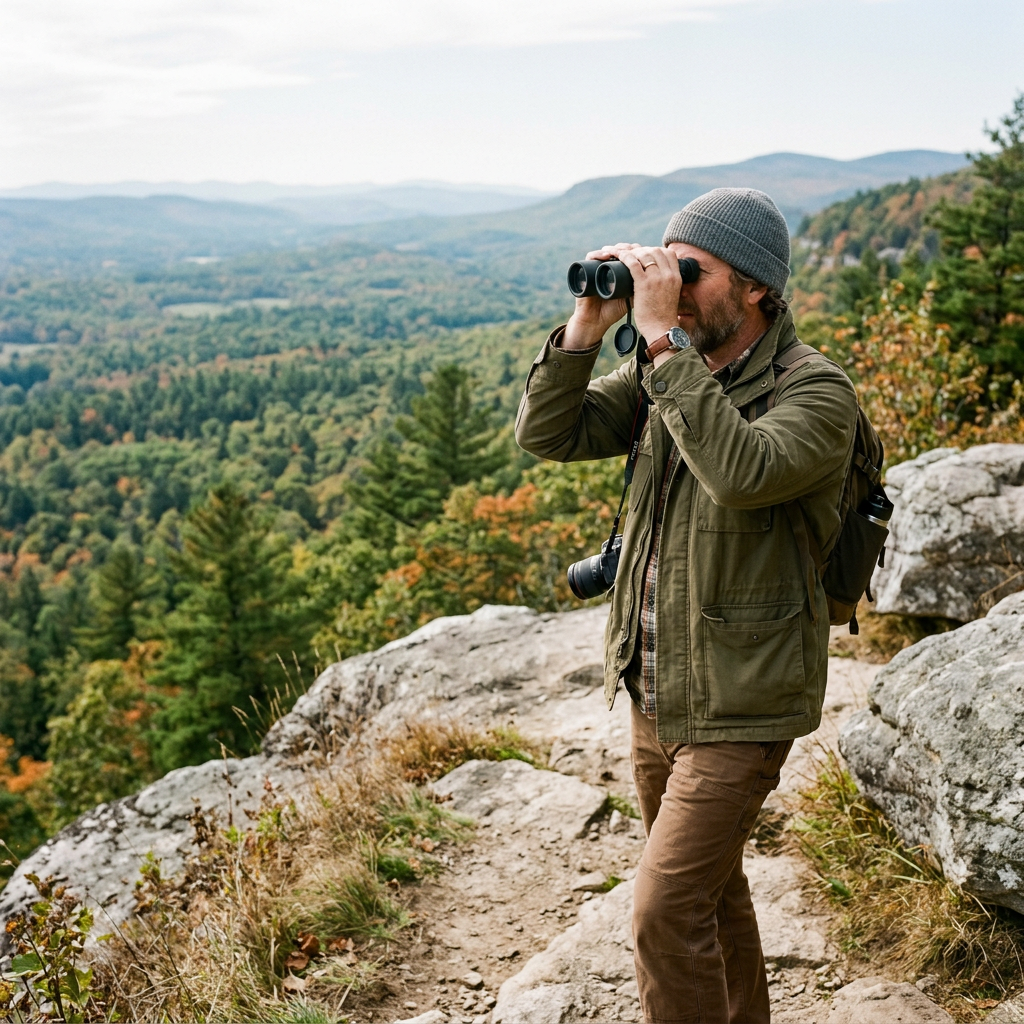 Man in beanie and jacket looking through binoculars on rocky overlook surrounded by autumn trees