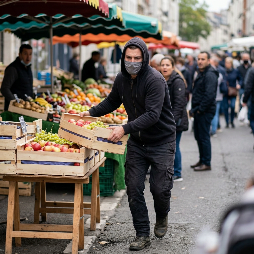Vendor wearing a mask and hoodie arranging fruit crates at market stall