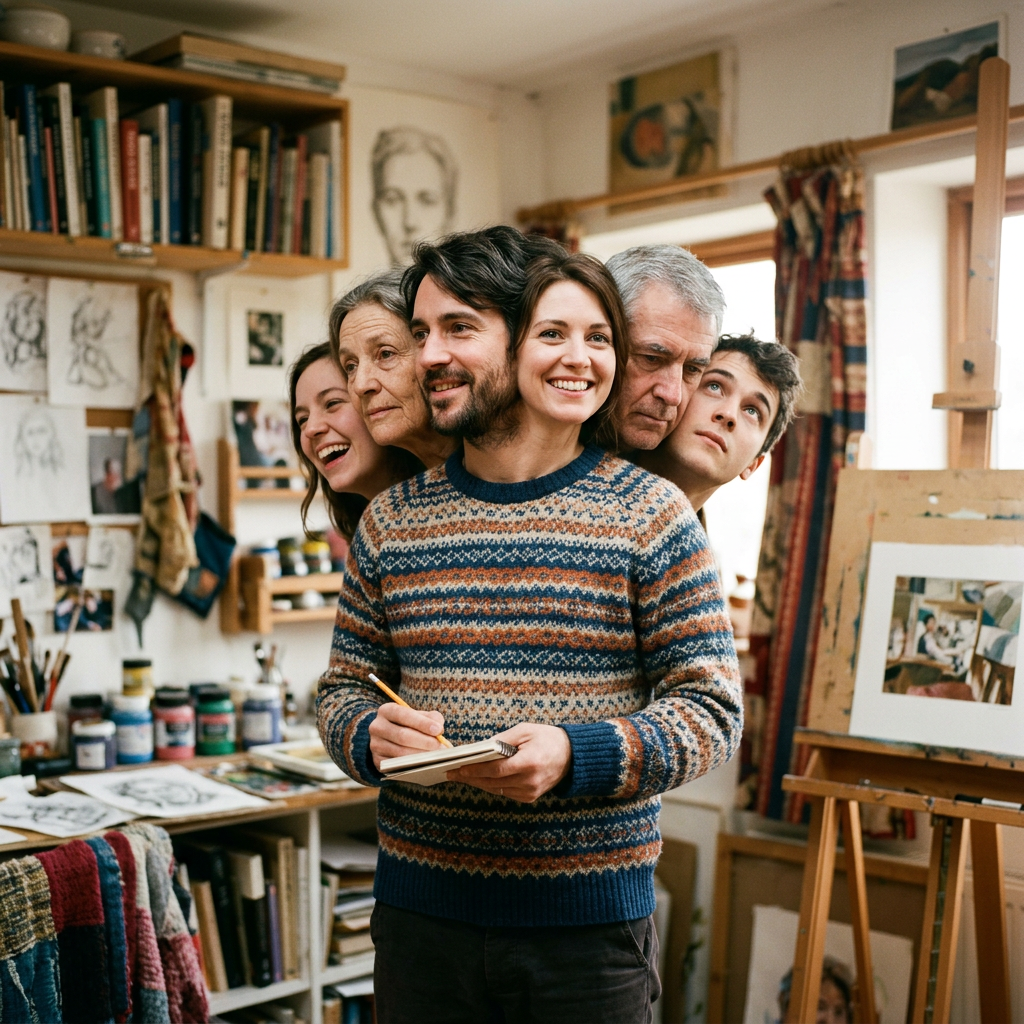 Five family members standing closely together in an artist's studio, smiling and holding a sketchpad