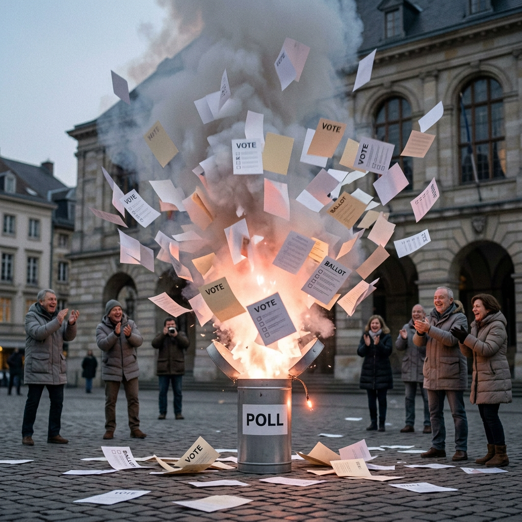 Ballots labeled 'VOTE' and 'BALLOT' burning and flying from a container labeled 'POLL' with onlookers