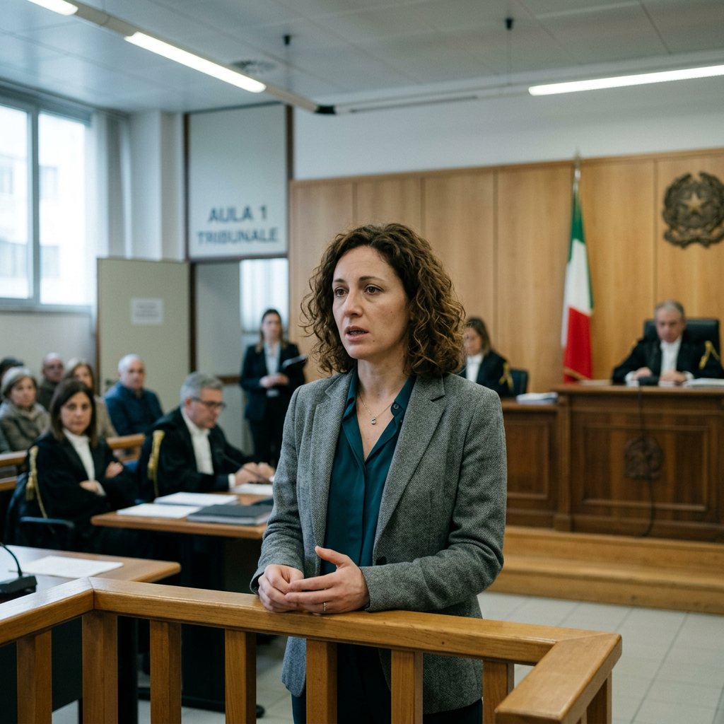Woman standing and speaking in courtroom courtroom with judge and legal team