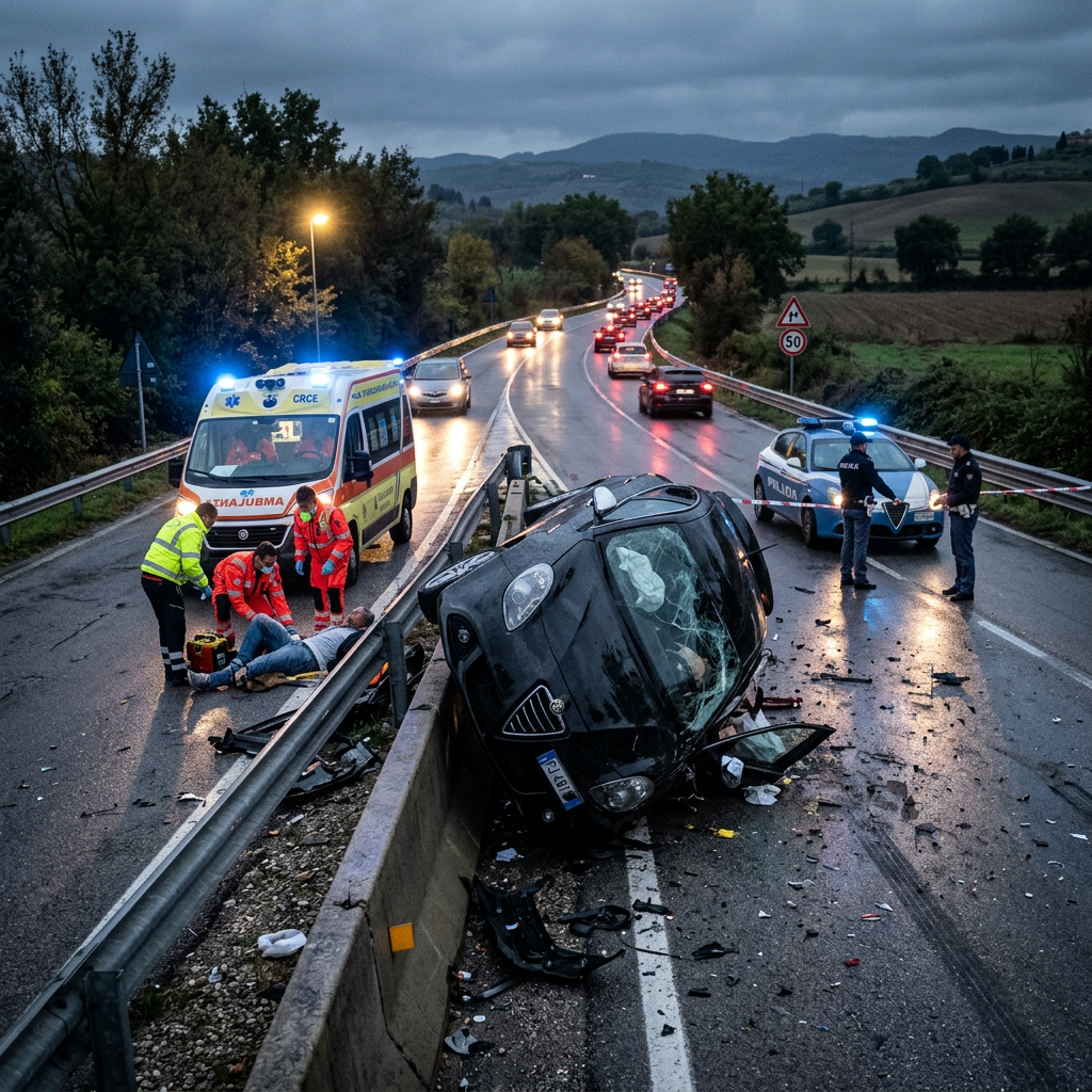Overturned black car on highway with emergency personnel helping injured person, ambulance, and police present