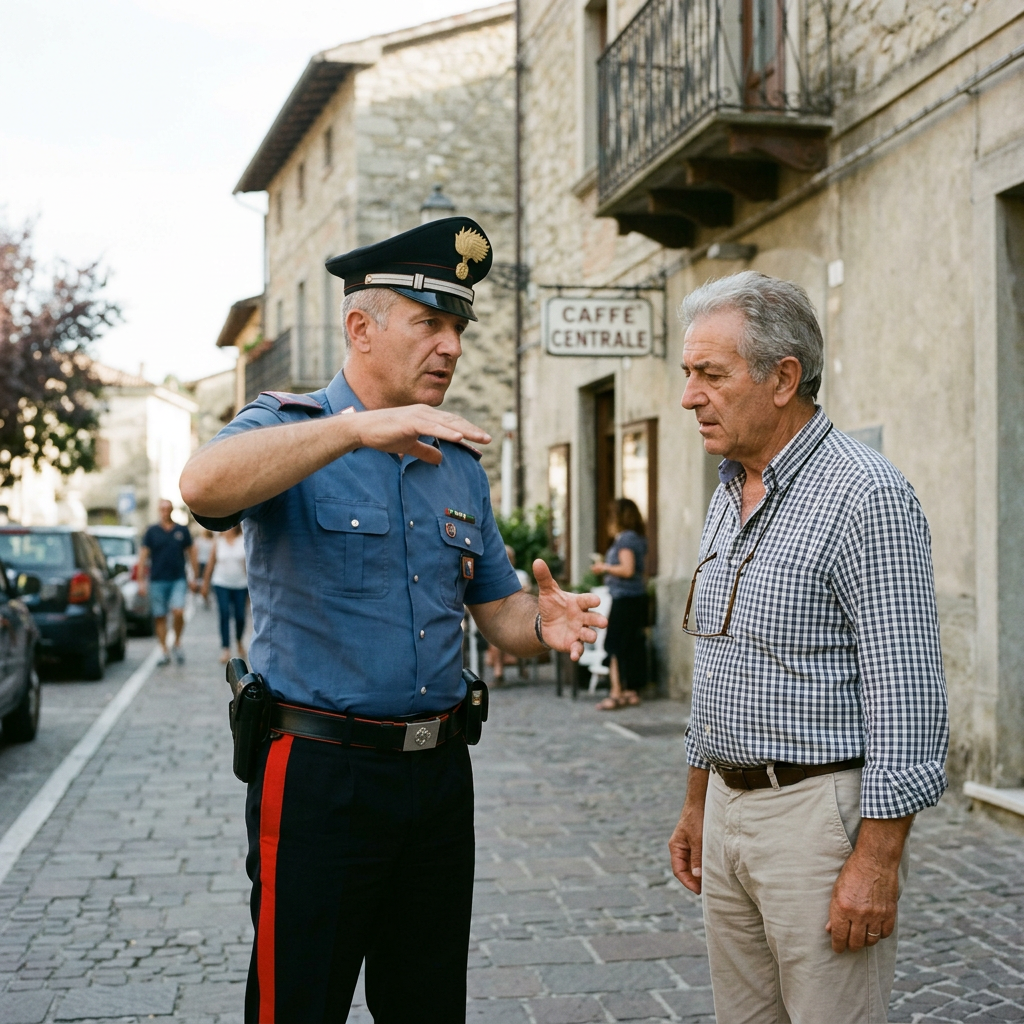 Uniformed officer speaking with an older man outside Café Centrale