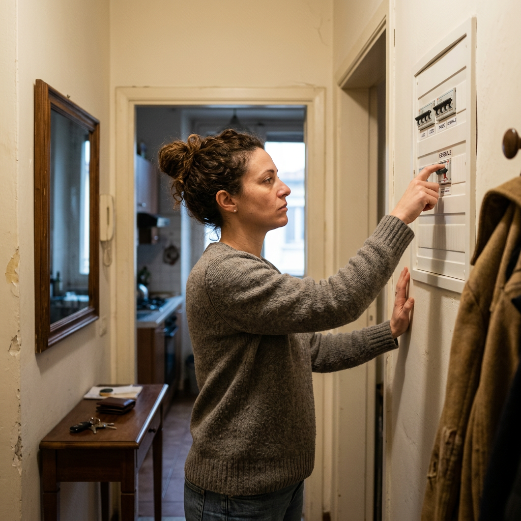 Woman adjusting a labeled electrical circuit breaker panel