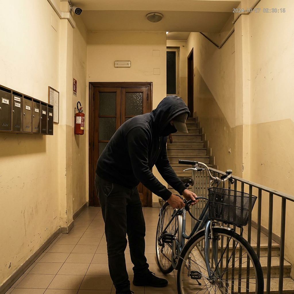 Hooded person handling a bicycle in an apartment hallway