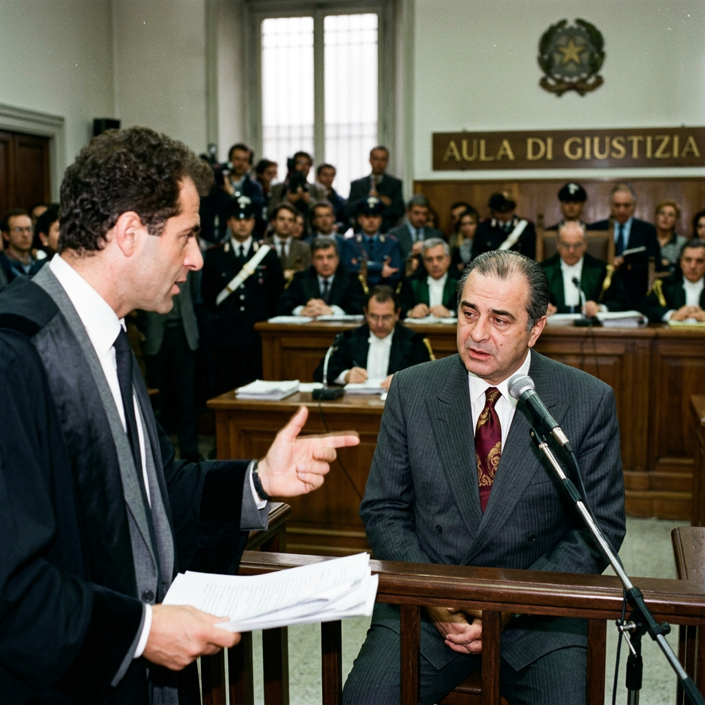 Two men in Italian courtroom labeled AULA DI GIUSTIZIA