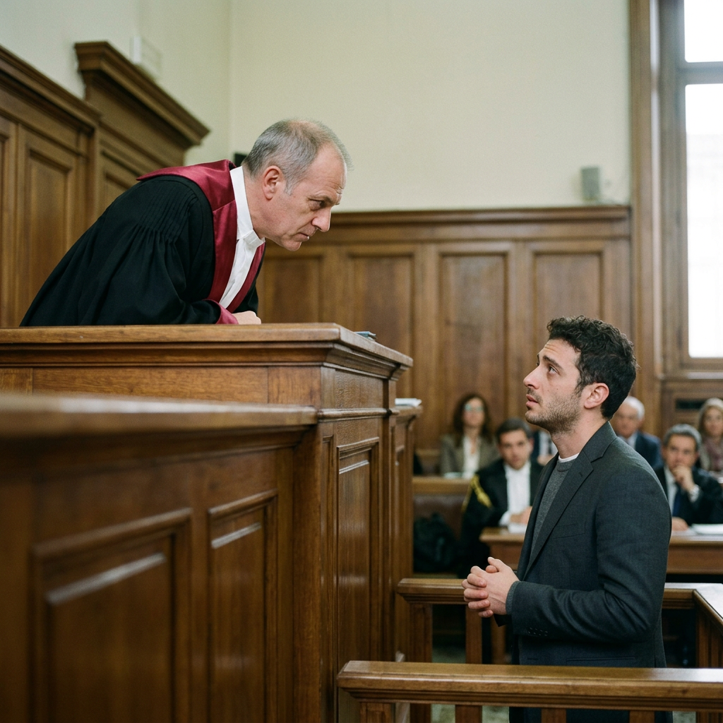 A robed courtroom official addresses a man standing at the witness box.