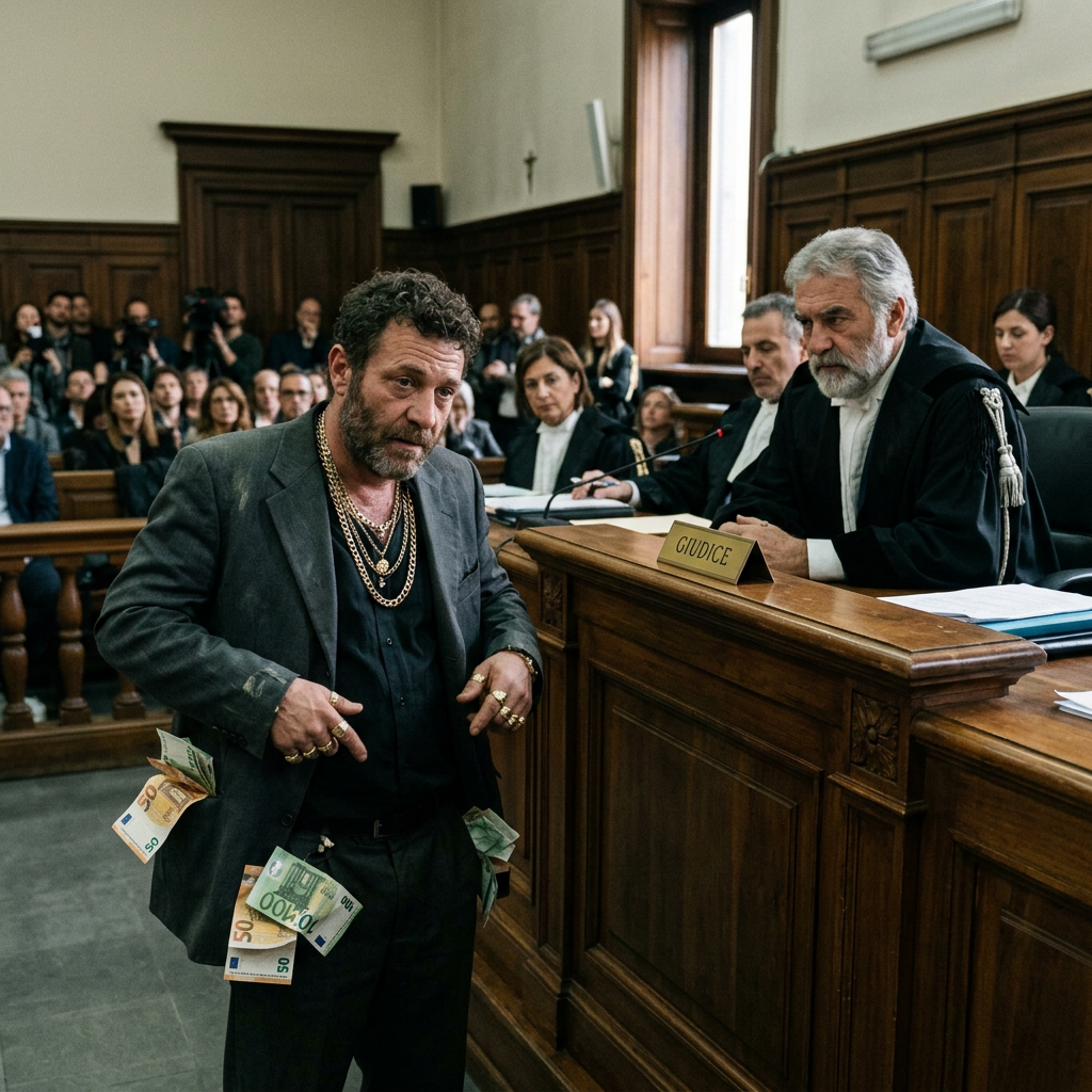 Man with euro banknotes on clothing standing before a judge in court; sign reads GIUDICE