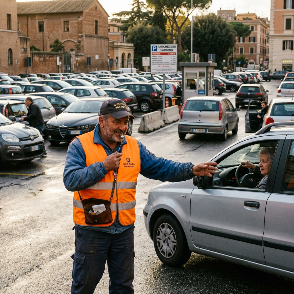 Parking attendant in orange vest guiding a driver beside a PARCHEGGIO PARKING sign