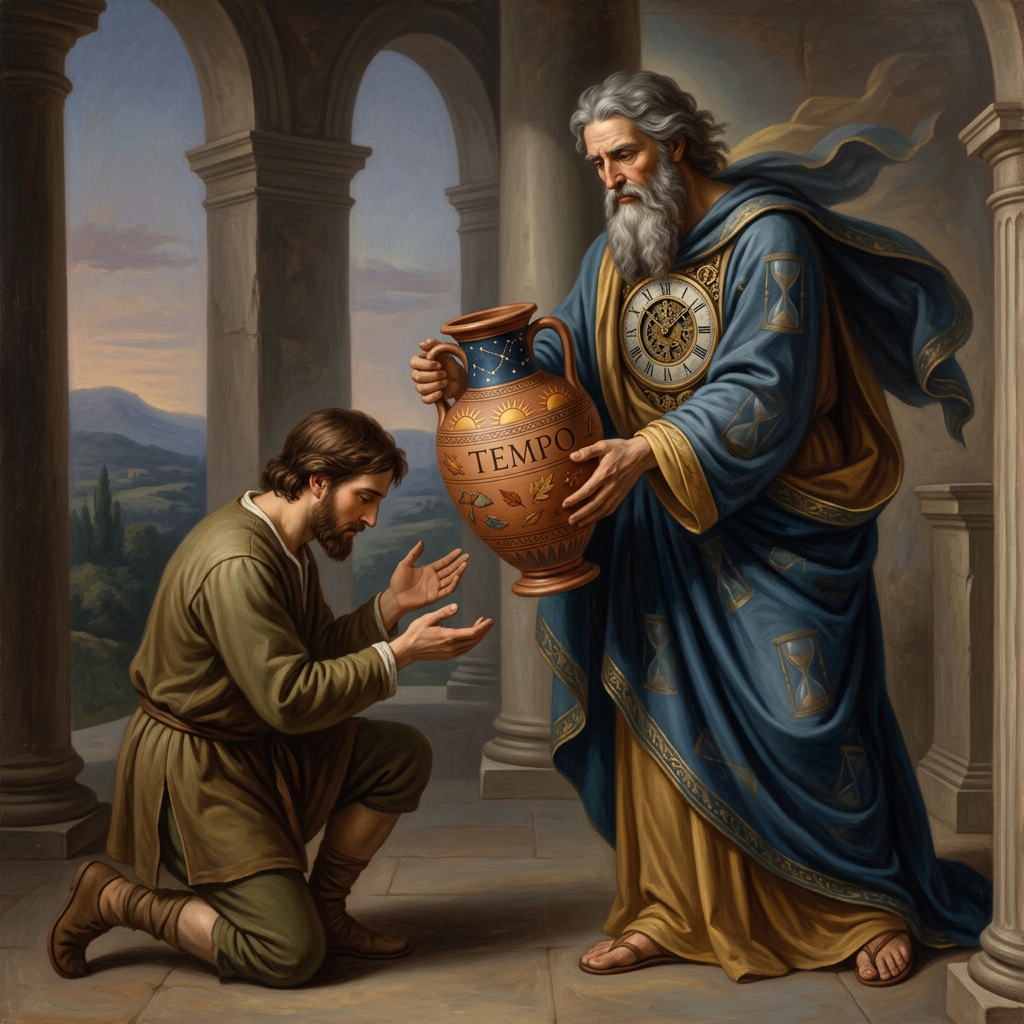 Bearded elder presents a TEMPO vessel to a kneeling man