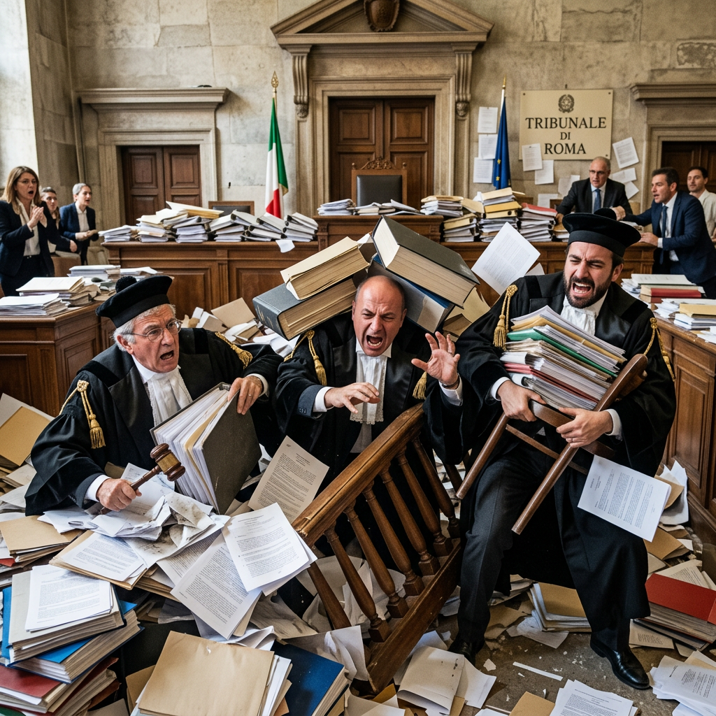 Three lawyers amid scattered files inside Rome courthouse; sign reads TRIBUNALE DI ROMA.