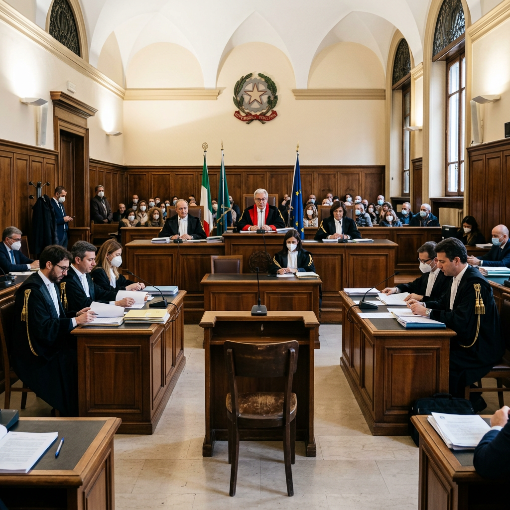 Judges and lawyers seated during a formal hearing in an Italian courtroom