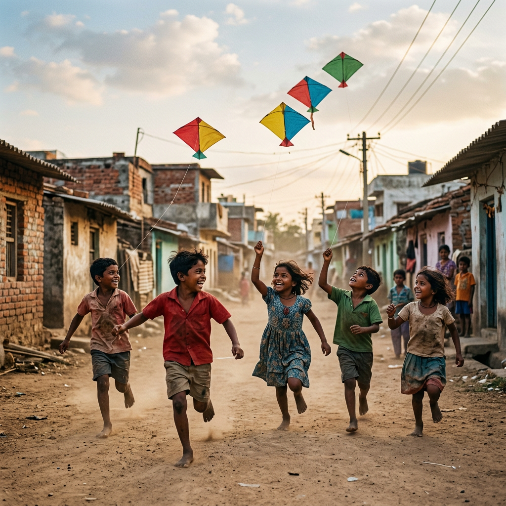 Five children running and flying colorful kites on a village street
