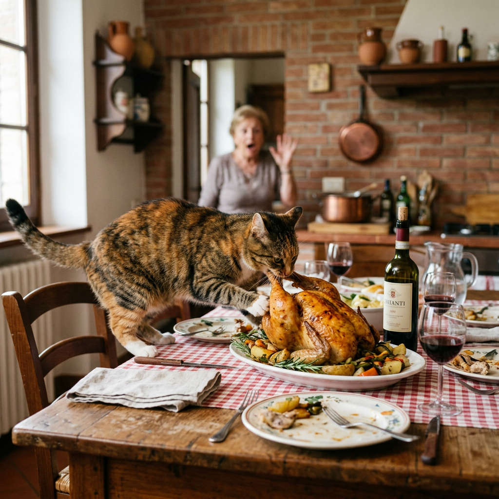 Cat reaching toward roast chicken on a dining table