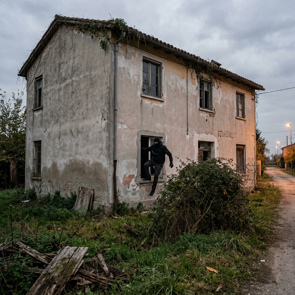 Masked person climbing out of a window in an abandoned house