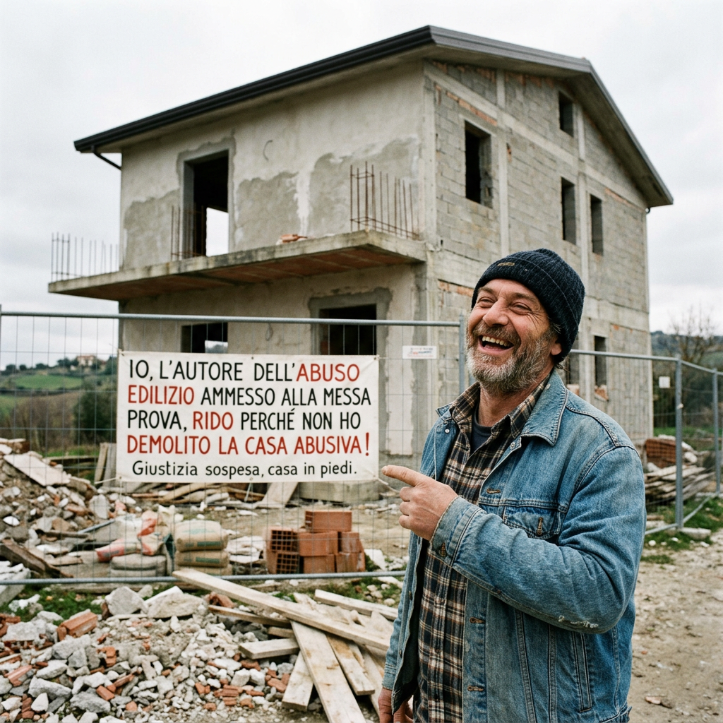 Man laughing beside unfinished house and sign reading: “IO, L’AUTORE DELL’ABUSO EDILIZIO AMMESSO ALLA MESSA PROVA, RIDO PERCHÉ NON HO DEMOLITO LA CASA ABUSIVA! Giustizia sospesa, casa in piedi.”