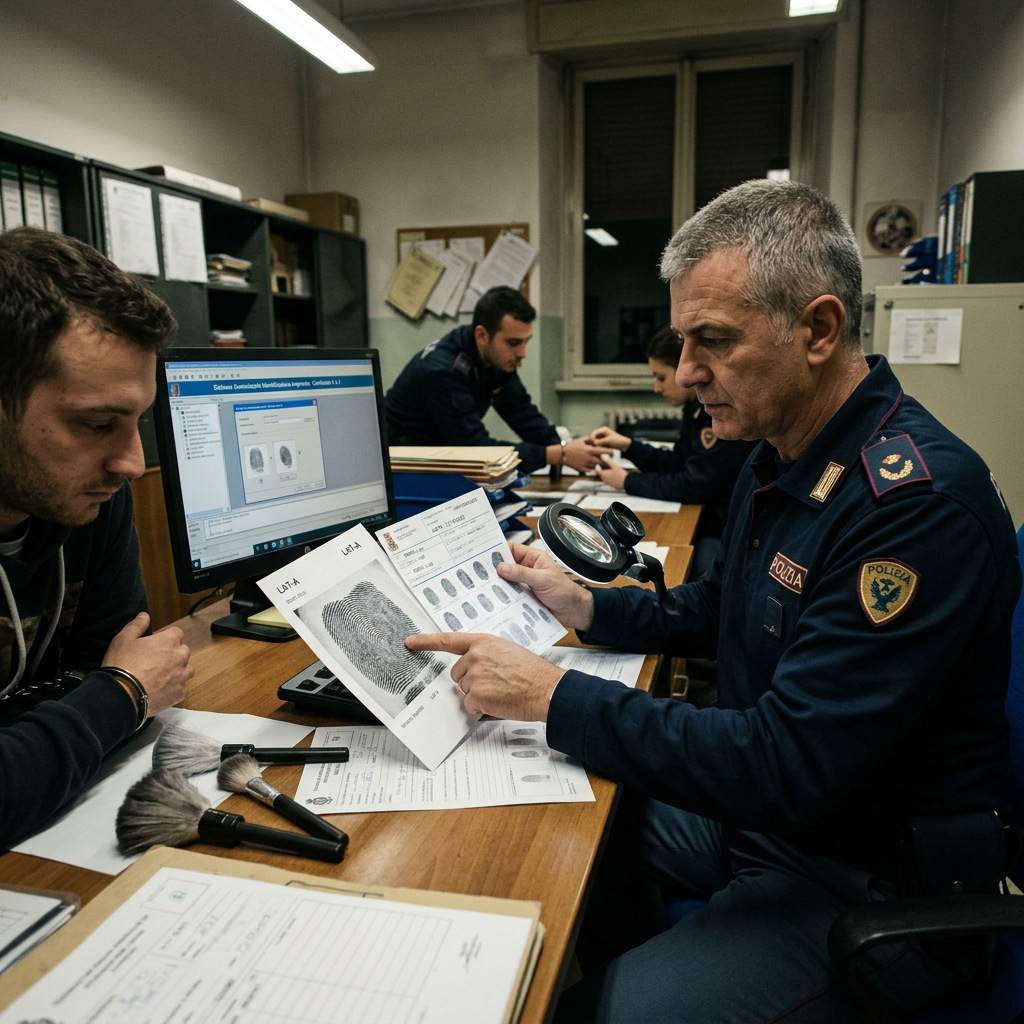 Police officer examining fingerprint records beside forensic evidence
