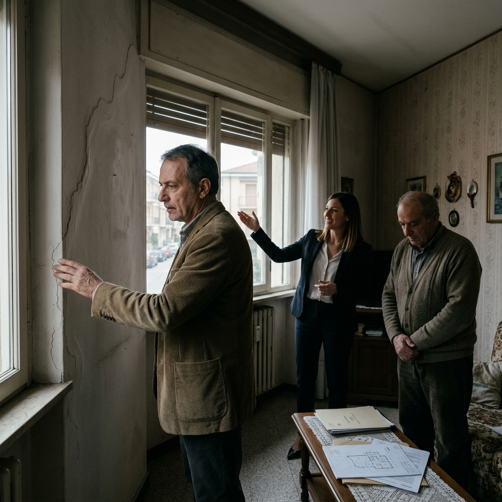 Home inspector examines cracked wall as residents review renovation plans
