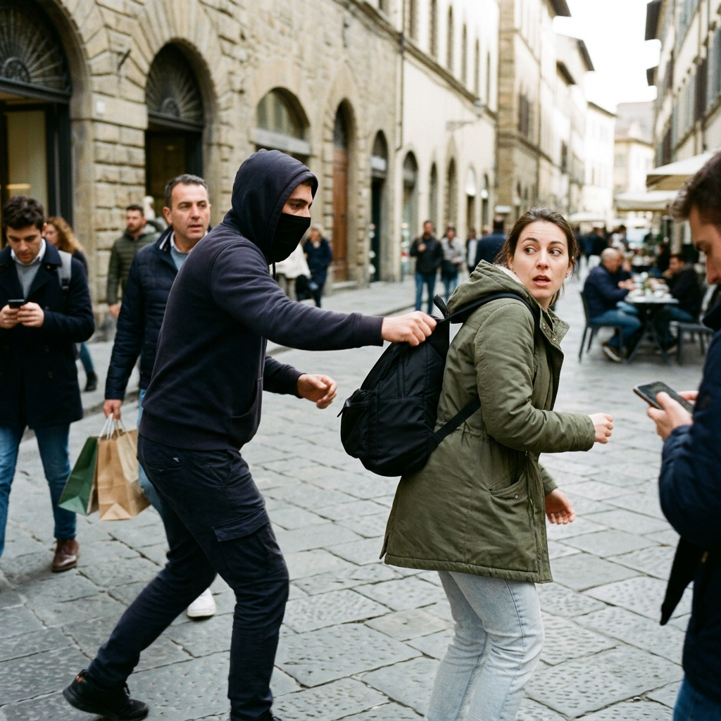 Masked person grabbing a woman's backpack on a crowded city street