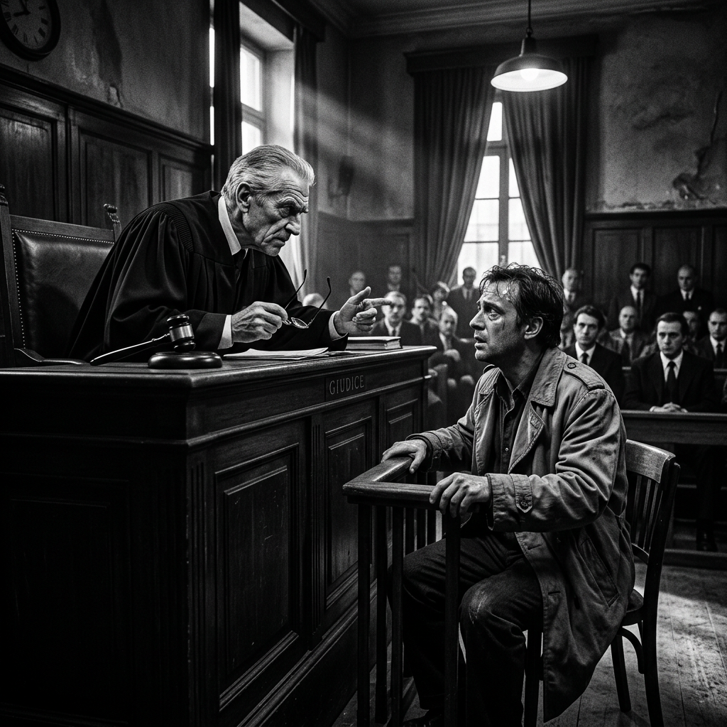 Judge questioning a seated witness in a crowded courtroom