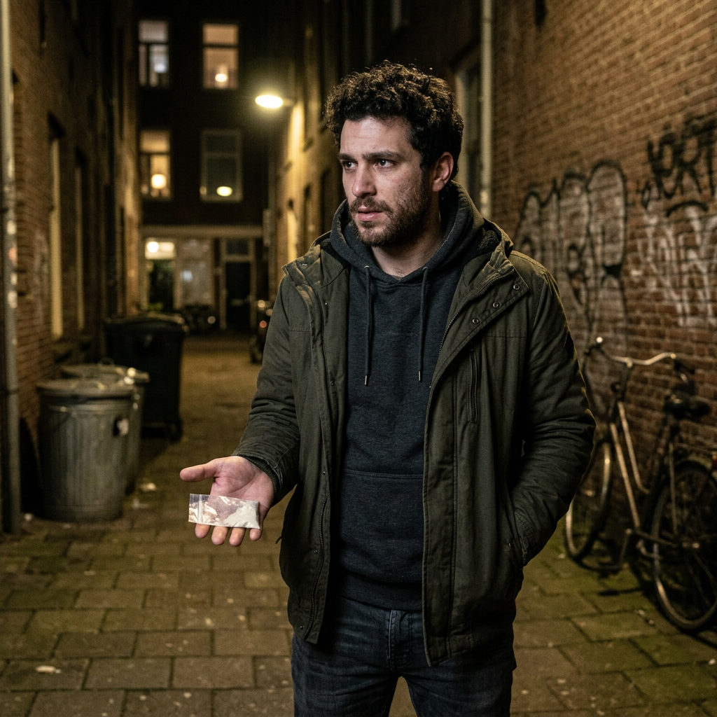 Man holding a small note in a dimly lit alley