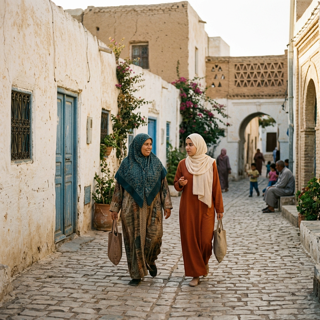 Two women walk along a cobblestone medina street beneath an arched gateway.