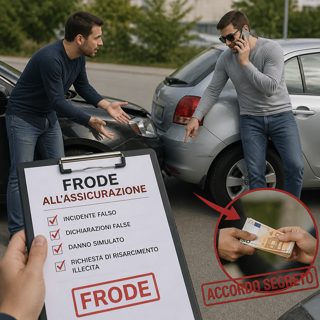 Due uomini accanto a due auto incidentate; cartello con testo: FRODE ALL’ASSICURAZIONE, INCIDENTE FALSO, DICHIARAZIONI FALSE, DANNO SIMULATO, RICHIESTA DI RISARCIMENTO ILLECITA, FRODE; riquadro con denaro e scritta ACCORDO SEGRETO.