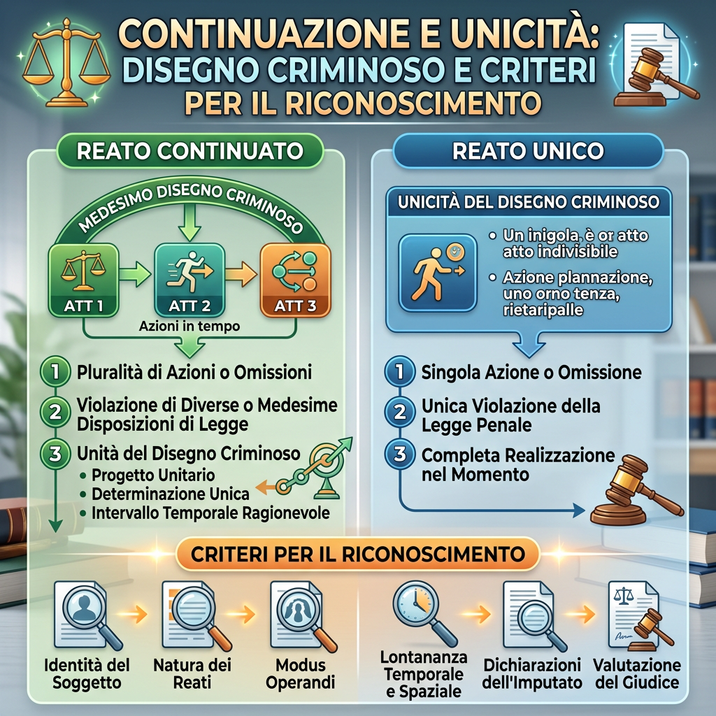 Continuazione e unicità: disegno criminoso e criteri per il riconoscimento; reato continuato: medesimo disegno criminoso, atti 1, 2 e 3, azioni in tempo, pluralità di azioni o omissioni, violazione di diverse o medesime disposizioni di legge, unità del disegno criminoso, progetto unitario, determinazione unica, intervallo temporale ragionevole; reato unico: unicità del disegno criminoso, singola azione o omissione, unica violazione della legge penale, completa realizzazione nel momento; criteri per il riconoscimento: identità del soggetto, natura dei reati, modus operandi, lontananza temporale e spaziale, dichiarazioni dell'imputato, valutazione del giudice.