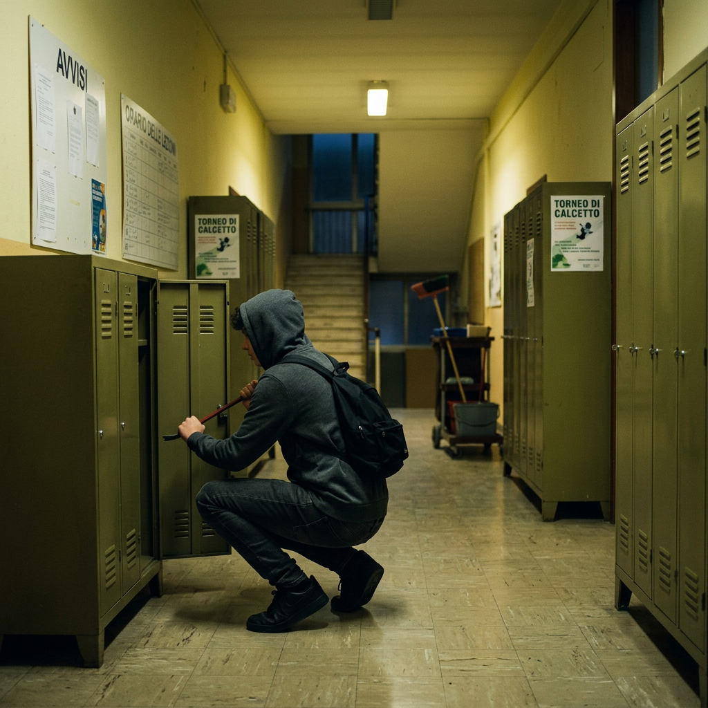 Hooded person crouching beside an open locker with a red-handled tool
