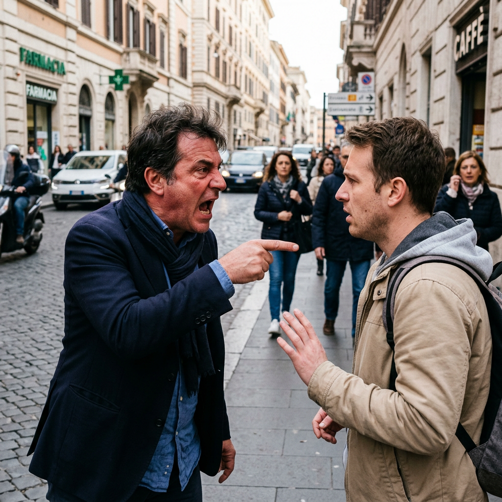 Two men arguing on a busy cobblestone street in Rome