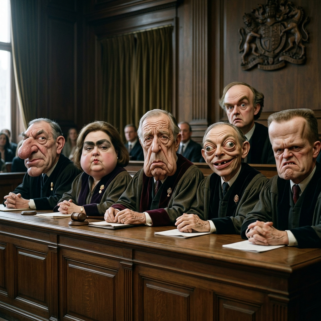 Five stern, caricatured jurors seated at a courtroom bench