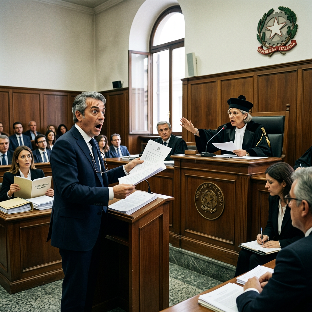 Lawyer presenting documents before a judge at the Tribunale di Roma