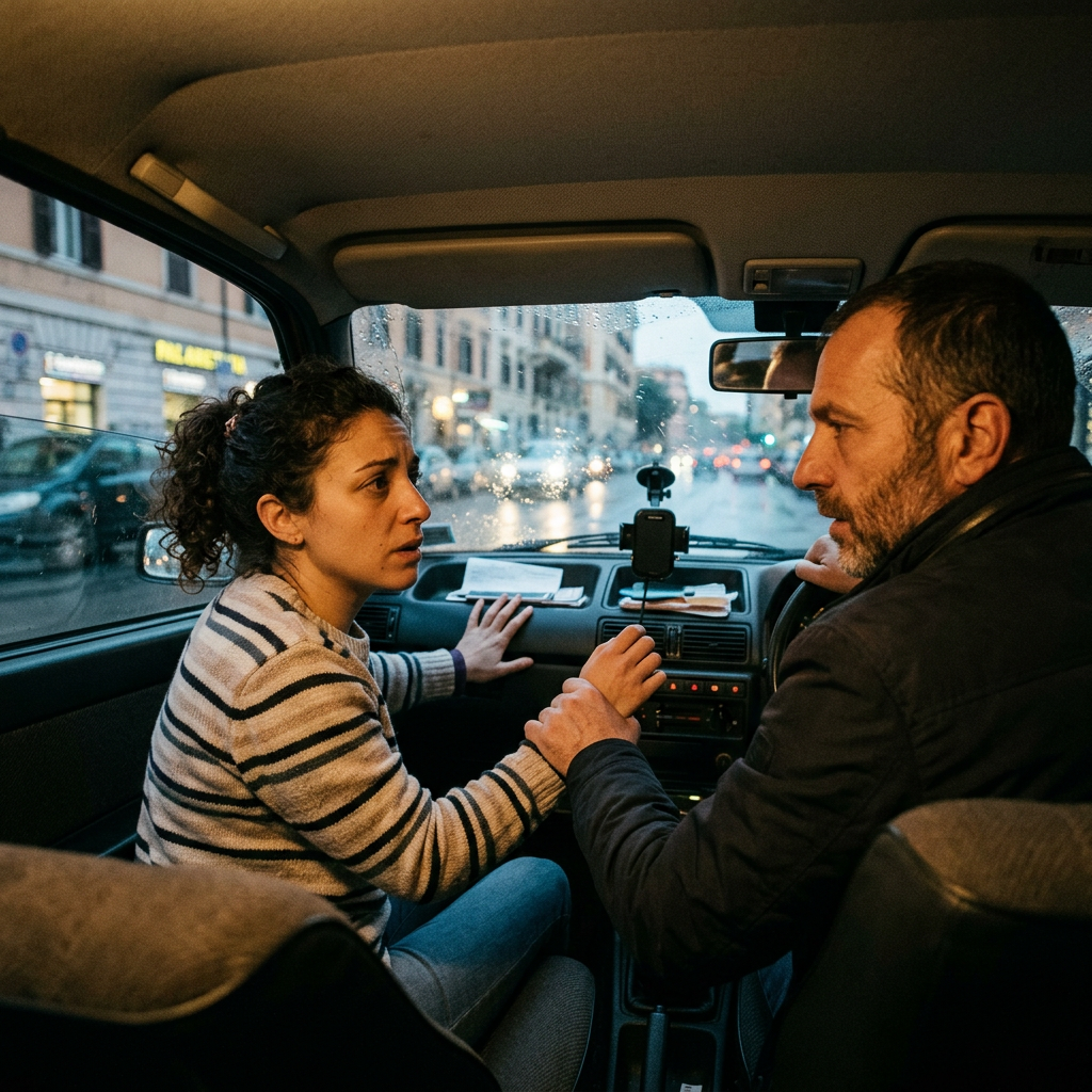 Two people talking inside a car on a rainy city street