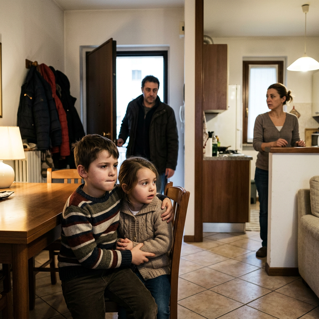 Two children sit together while a man enters and a woman watches from the kitchen