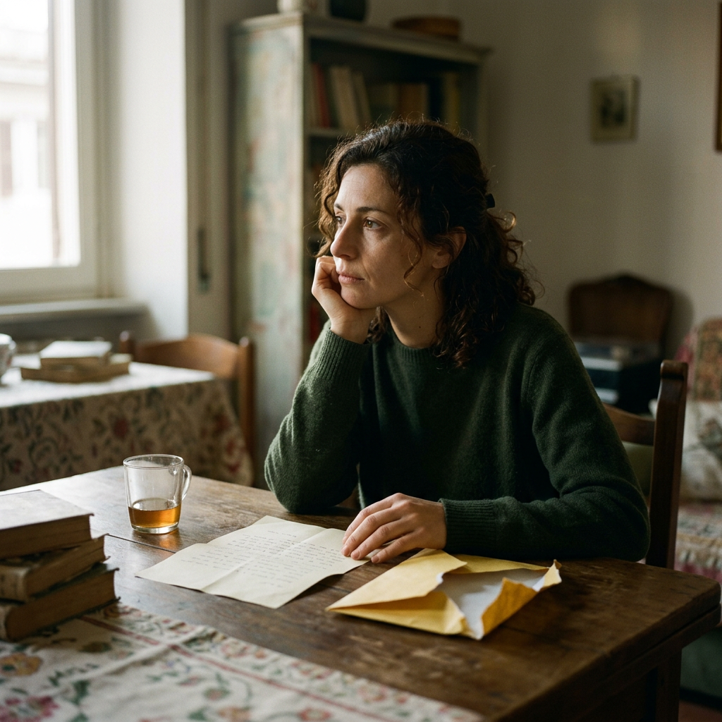 Woman reading a handwritten letter beside tea and envelopes