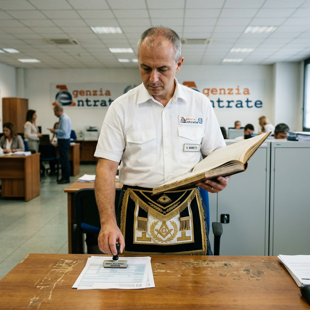 A tax office employee stamps paperwork while holding an open ledger